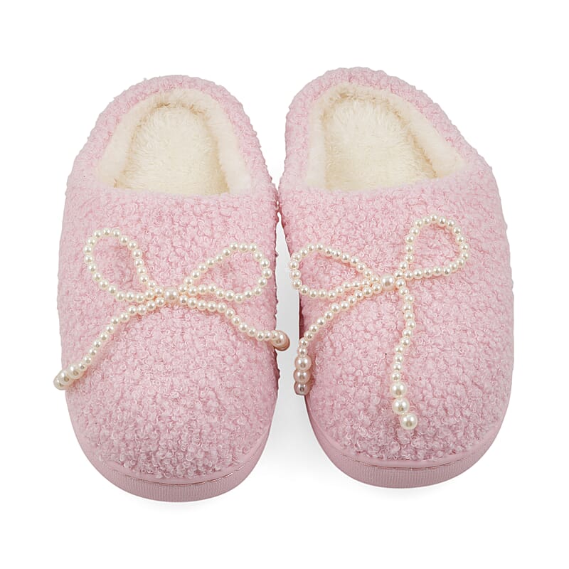 RAMPAGE Pink Pearl Bow Teddy Slippers with Matching Stainless Steel Water Bottle Gift Box – Small (5/6)