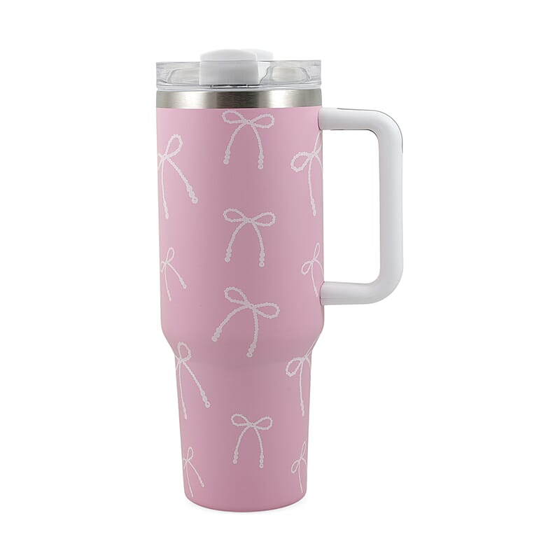 RAMPAGE Pink Pearl Bow Teddy Slippers with Matching Stainless Steel Water Bottle Gift Box – Small (5/6)