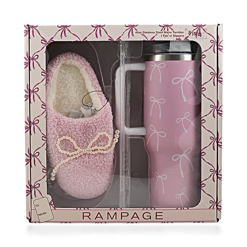RAMPAGE Pink Pearl Bow Teddy Slippers with Matching Stainless Steel Water Bottle Gift Box – Small (5/6)
