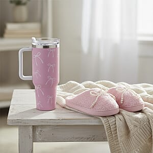 RAMPAGE Pink Pearl Bow Teddy Slippers with Matching Stainless Steel Water Bottle Gift Box &ndash; XL (11)