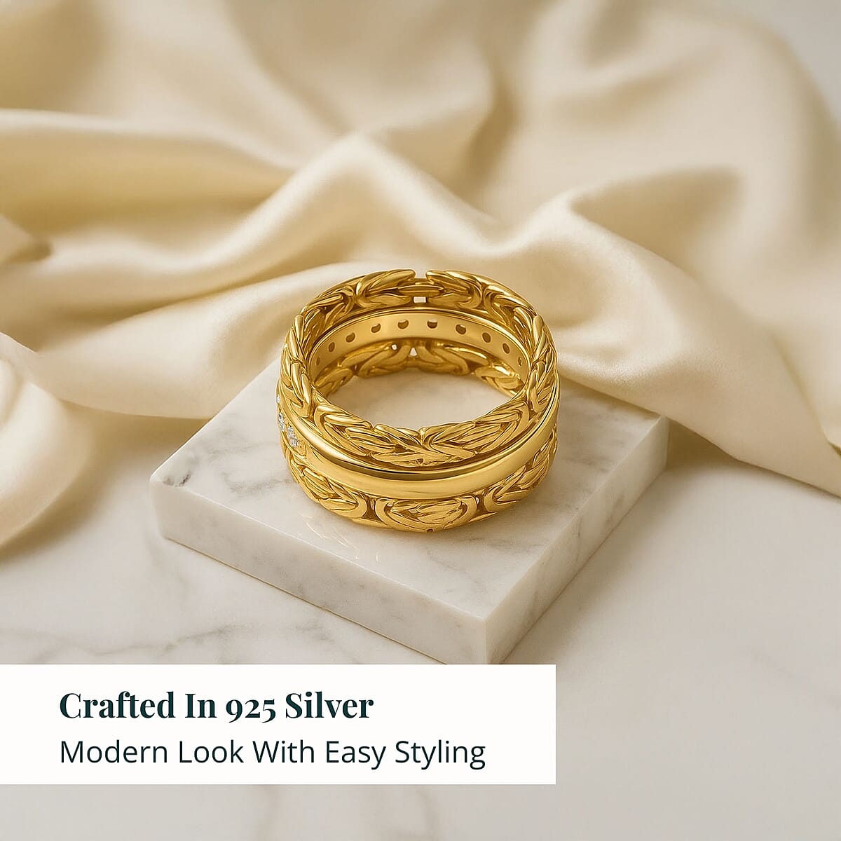 Bali Legacy Luxuriant Lab Grown Diamond G-H SI 1.00 ctw Byzantine Ring in 22K Vermeil Yellow Gold Over Sterling Silver (Size 6.0) (Del. in 12-15 Days) image number 2