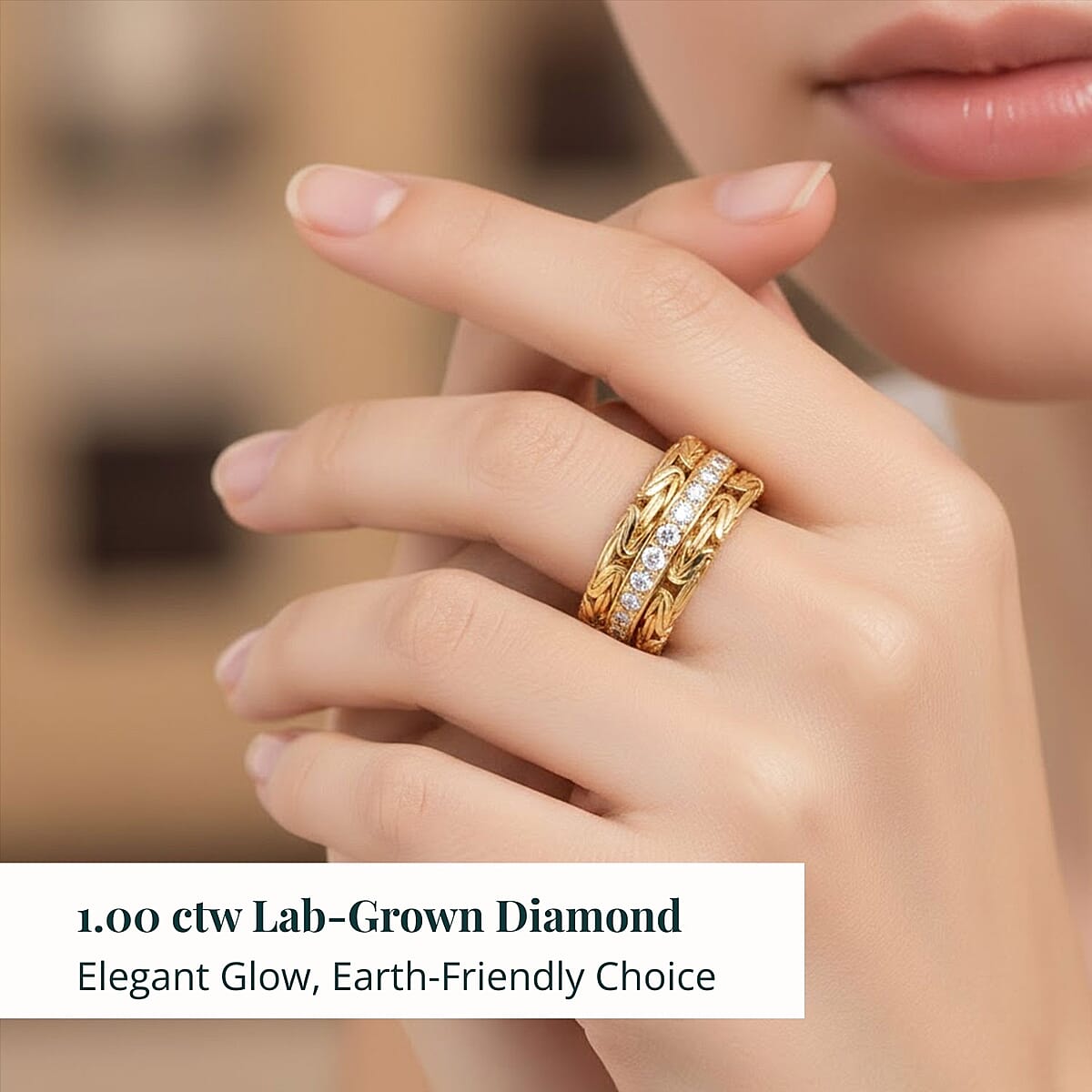 Bali Legacy Luxuriant Lab Grown Diamond G-H SI 1.00 ctw Byzantine Ring in 22K Vermeil Yellow Gold Over Sterling Silver (Size 9.0) (Del. in 12-15 Days) image number 1