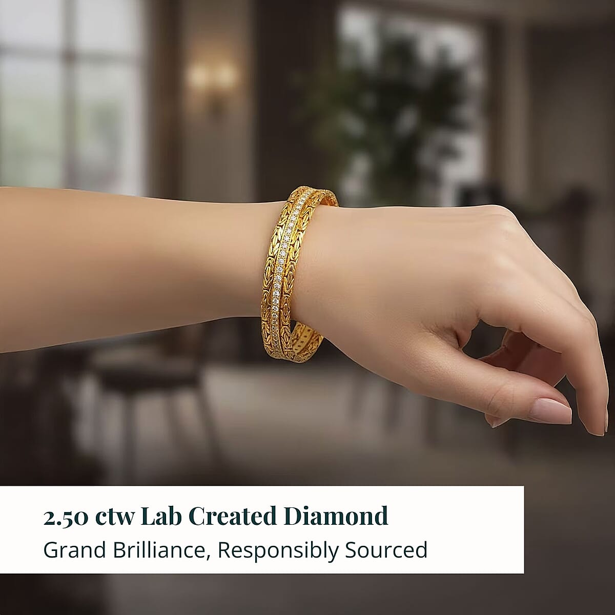 Bali Legacy Luxuriant Lab Grown Diamond G-H SI 2.50 ctw Bangle Bracelet in 22K Vermeil Yellow Gold Over Sterling Silver (7.25 In) image number 1