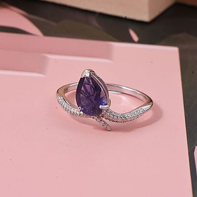 D'Joy Catalina Iolite and Moissanite 1.60 ctw Ring in Rhodium Over Sterling Silver (Size 10.0)