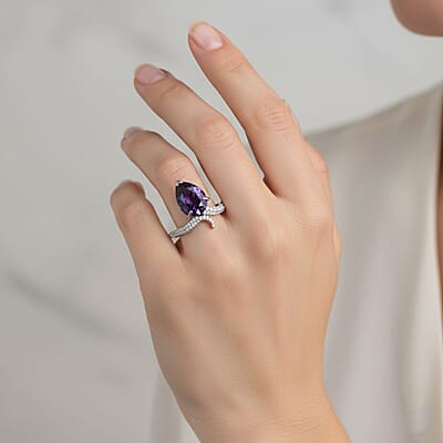 D'Joy Catalina Iolite and Moissanite 1.60 ctw Ring in Rhodium Over Sterling Silver (Size 10.0)