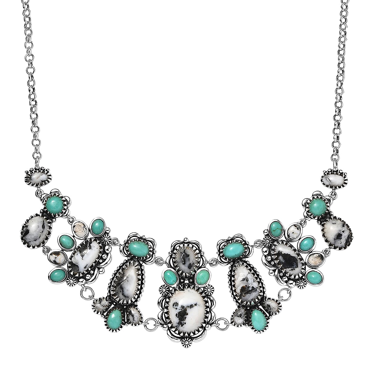 D'Joy Artisan Crafted Premium White Buffalo and Tahoe Nevada Turquoise 21.90 ctw Necklace in Black Oxidised Sterling Silver 18-20 Inches image number 0