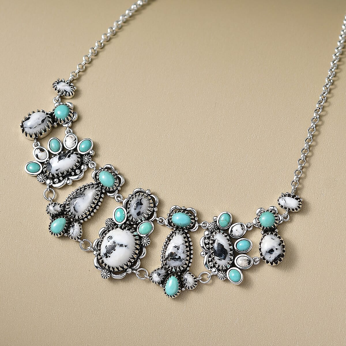 D'Joy Artisan Crafted Premium White Buffalo and Tahoe Nevada Turquoise 21.90 ctw Necklace in Black Oxidised Sterling Silver 18-20 Inches image number 1