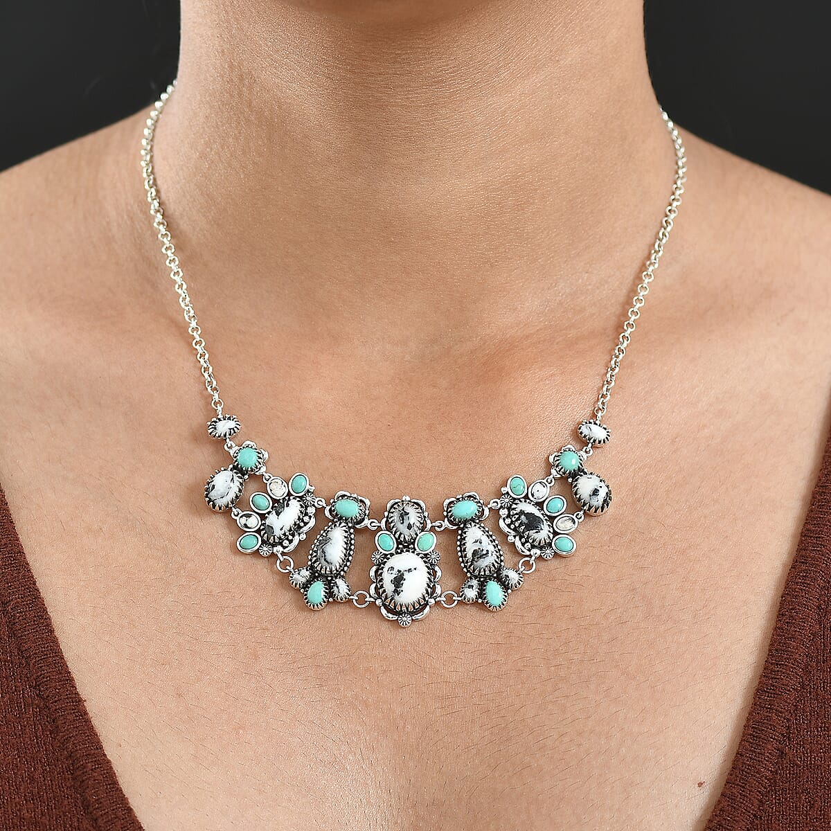 D'Joy Artisan Crafted Premium White Buffalo and Tahoe Nevada Turquoise 21.90 ctw Necklace in Black Oxidised Sterling Silver 18-20 Inches image number 2