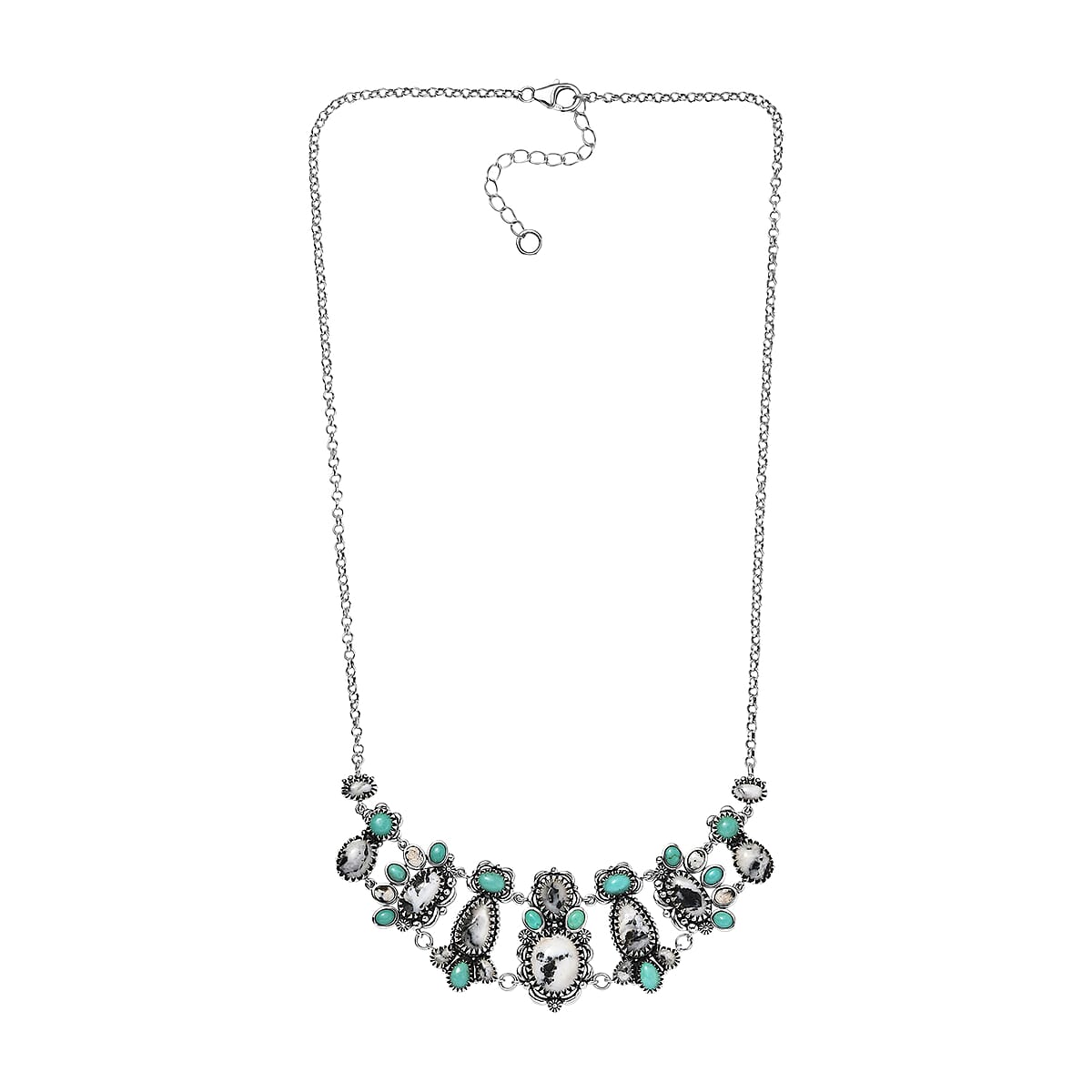 D'Joy Artisan Crafted Premium White Buffalo and Tahoe Nevada Turquoise 21.90 ctw Necklace in Black Oxidised Sterling Silver 18-20 Inches image number 3