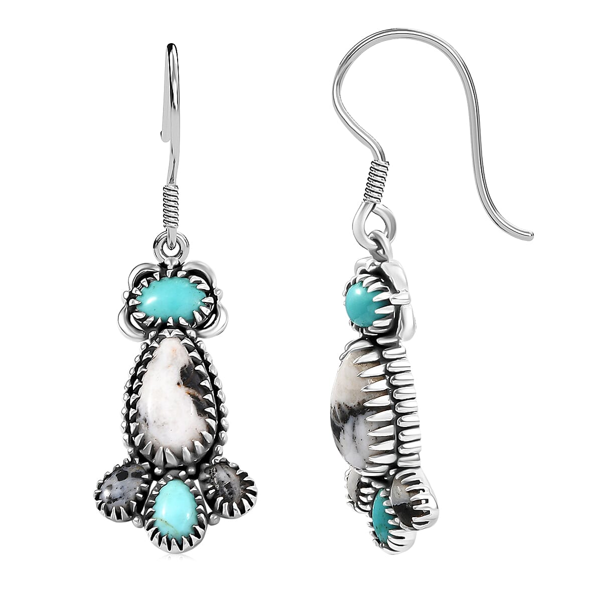 D'Joy Artisan Crafted Premium White Buffalo and Tahoe Nevada Turquoise 6.50 ctw Earrings in Black Oxidised Sterling Silver image number 0