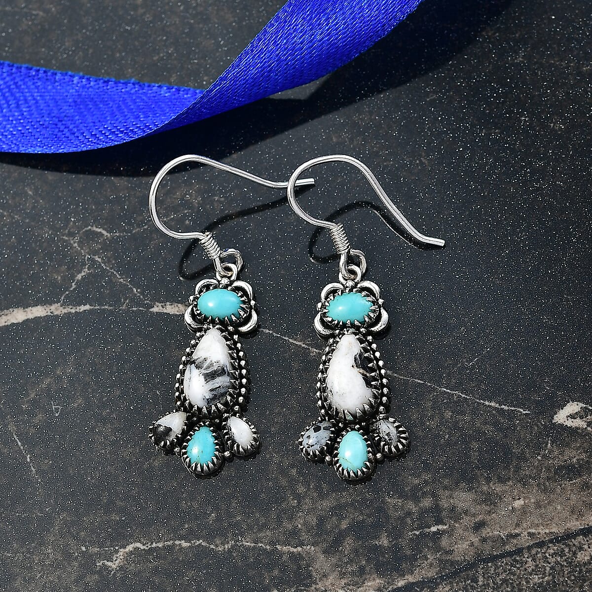 D'Joy Artisan Crafted Premium White Buffalo and Tahoe Nevada Turquoise 6.50 ctw Earrings in Black Oxidised Sterling Silver image number 1