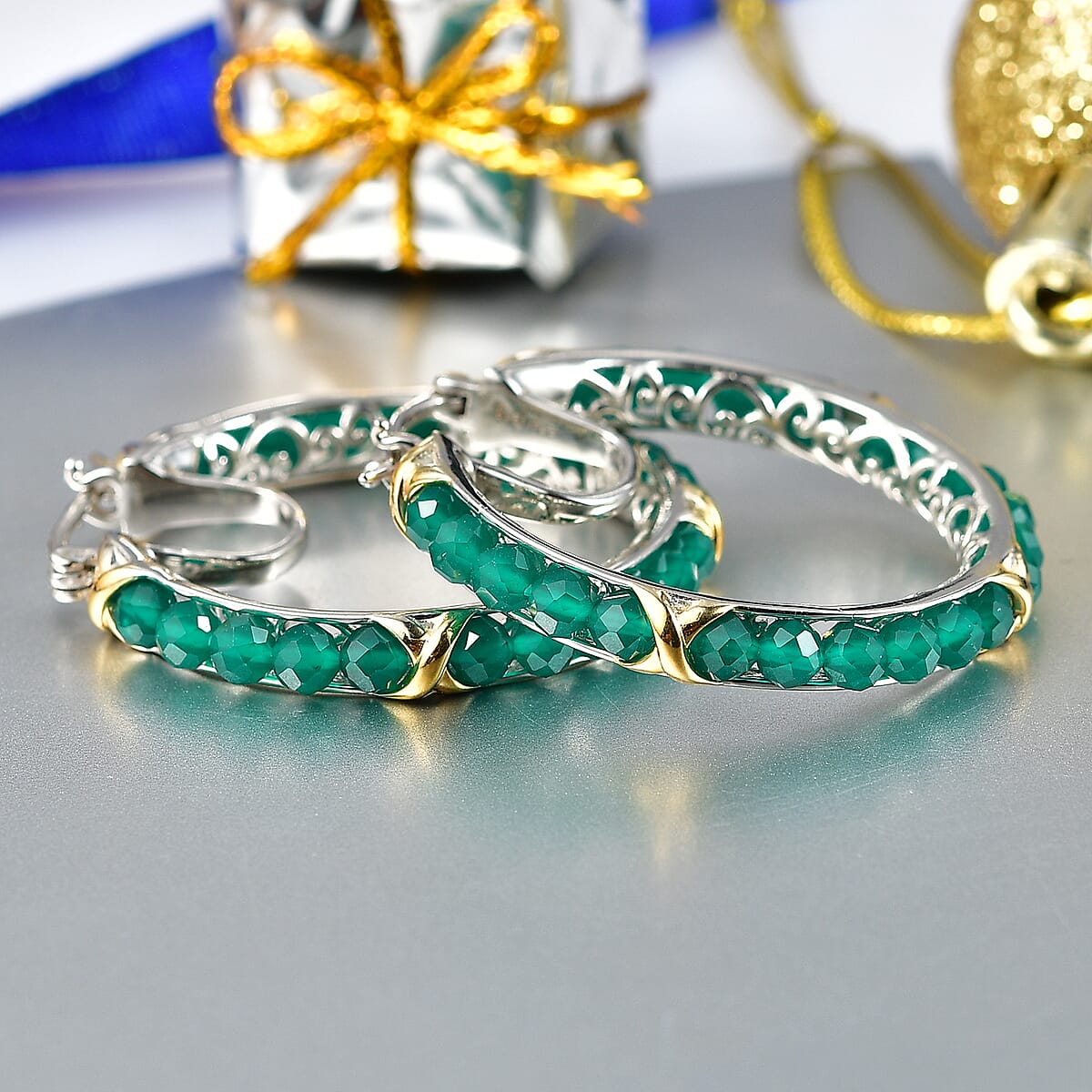 EverTrue Verde Onyx 16.80 ctw XOXO Hoop Earrings in 18K YG Plated and Platinum Bond image number 1