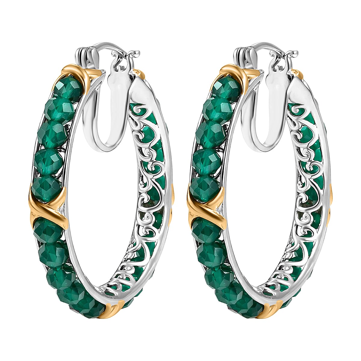 EverTrue Verde Onyx 16.80 ctw XOXO Hoop Earrings in 18K YG Plated and Platinum Bond image number 3
