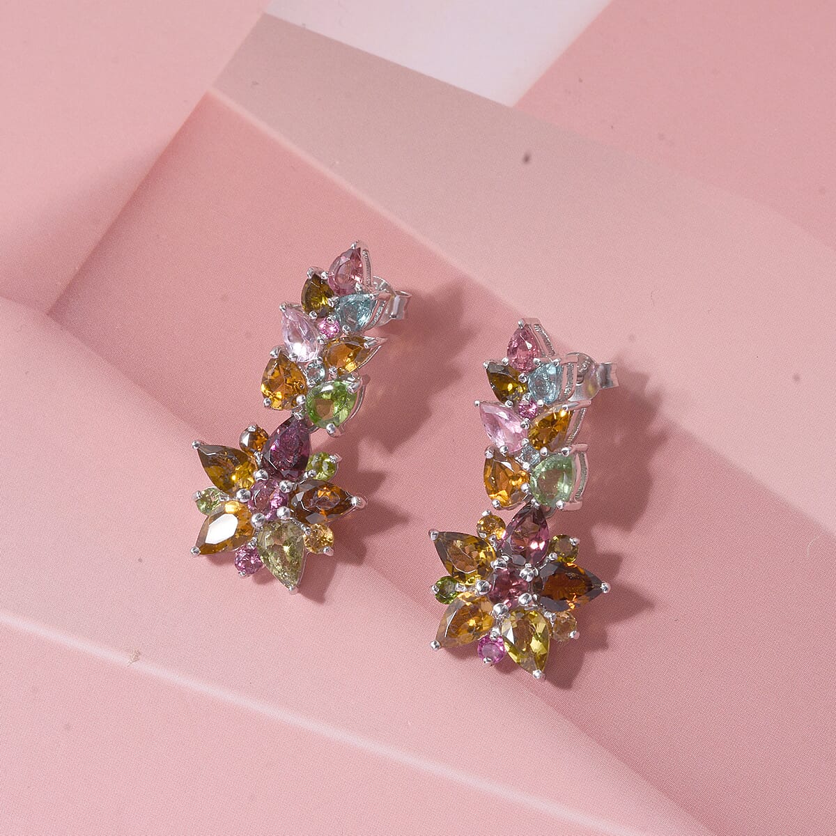 D'Joy Multi-Tourmaline 7.75 ctw Blooming Radiance Earrings in Rhodium Over Sterling Silver image number 1