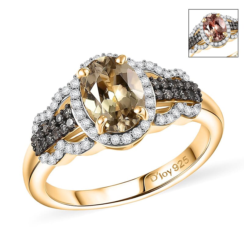 D'Joy AAA Turkizite, Natural Champagne and White Diamond 1.85 ctw Evening Halo Ring in 18K Vermeil Yellow Gold Over Sterling Silver (Size 10.0)