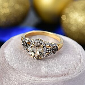 D'Joy AAA Turkizite, Natural Champagne and White Diamond 1.85 ctw Evening Halo Ring in 18K Vermeil Yellow Gold Over Sterling Silver (Size 10.0)