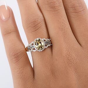 D'Joy AAA Turkizite, Natural Champagne and White Diamond 1.85 ctw Evening Halo Ring in 18K Vermeil Yellow Gold Over Sterling Silver (Size 10.0)