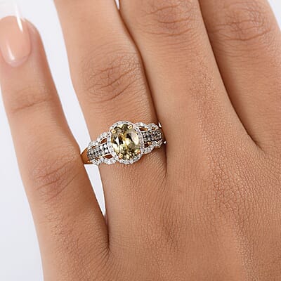 D'Joy AAA Turkizite, Natural Champagne and White Diamond 1.85 ctw Evening Halo Ring in 18K Vermeil Yellow Gold Over Sterling Silver (Size 10.0)