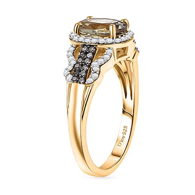 D'Joy AAA Turkizite, Natural Champagne and White Diamond 1.85 ctw Evening Halo Ring in 18K Vermeil Yellow Gold Over Sterling Silver (Size 10.0)