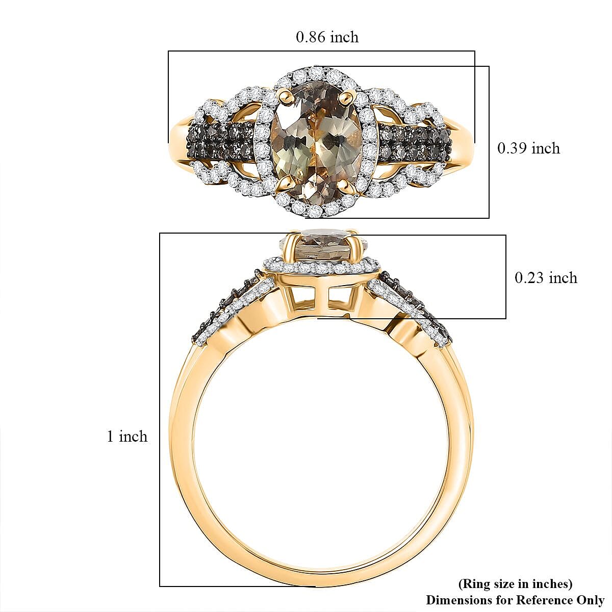 D'Joy AAA Turkizite, Natural Champagne and White Diamond 1.85 ctw Evening Halo Ring in 18K Vermeil Yellow Gold Over Sterling Silver (Size 10.0) image number 5