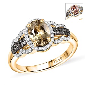 D'Joy AAA Turkizite, Natural Champagne and White Diamond 1.85 ctw Evening Halo Ring in 18K Vermeil Yellow Gold Over Sterling Silver (Size 9.0)