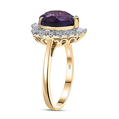 10K Yellow Gold AAA Brejinho Amethyst, Luxuriant Lab Grown Diamond (G-H, SI) (0.50 cts) Royal Radiance Halo Ring (Size 12.0) 4.09 ctw