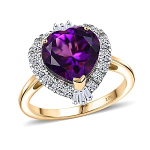  10K Yellow Gold AAA Brejinho Amethyst, Luxuriant Lab Grown Diamond (G-H, SI) (0.50 cts) Royal Radiance Halo Ring (Size 6.5) 4.09 ctw
