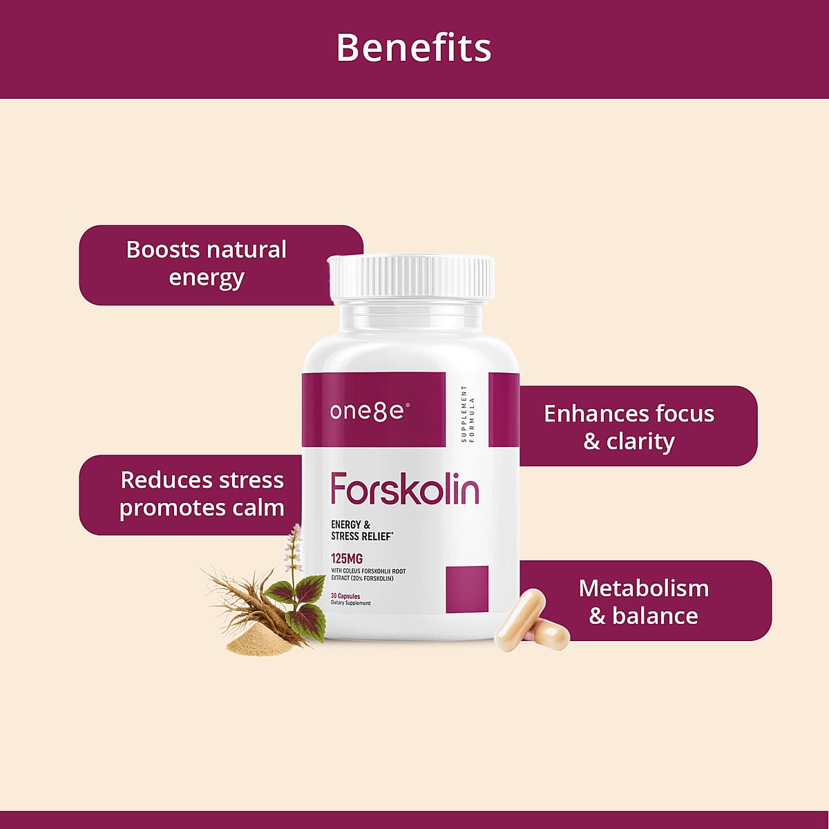 One8e Forsolin Energy & Stress Relief Supplement (60 Capsules) Made in US image number 1