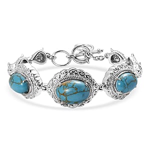 EverTrue Blue Turquoise 19.60 ctw Motif Linked Bracelet in Stainless Steel (6.50 In)