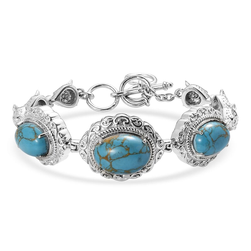 EverTrue Blue Turquoise 19.60 ctw Motif Linked Bracelet in Stainless Steel (6.50 In)