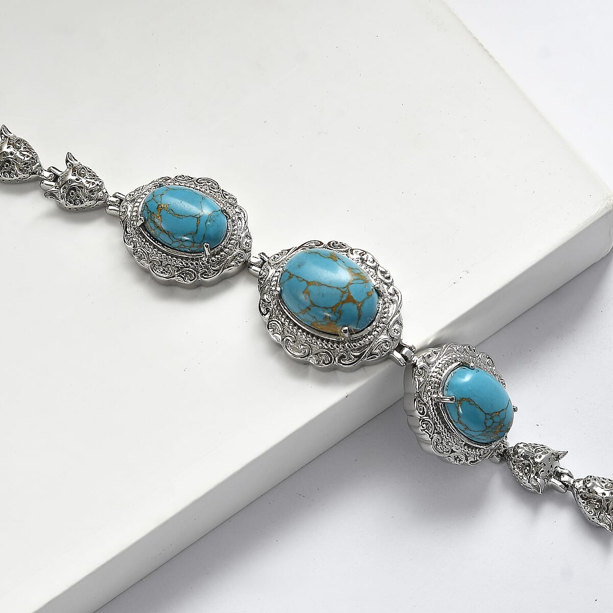 EverTrue Blue Turquoise 19.60 ctw Motif Linked Bracelet in Stainless Steel (6.50 In) image number 1