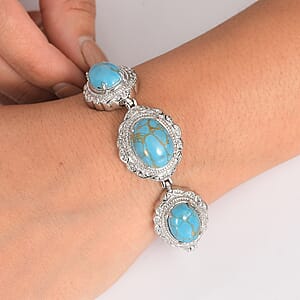 EverTrue Blue Turquoise 19.60 ctw Motif Linked Bracelet in Stainless Steel (6.50 In)