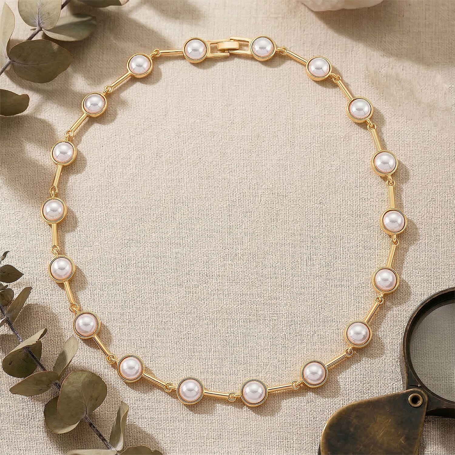White Shell Pearl Station Necklace in Goldtone (20 Inches)
