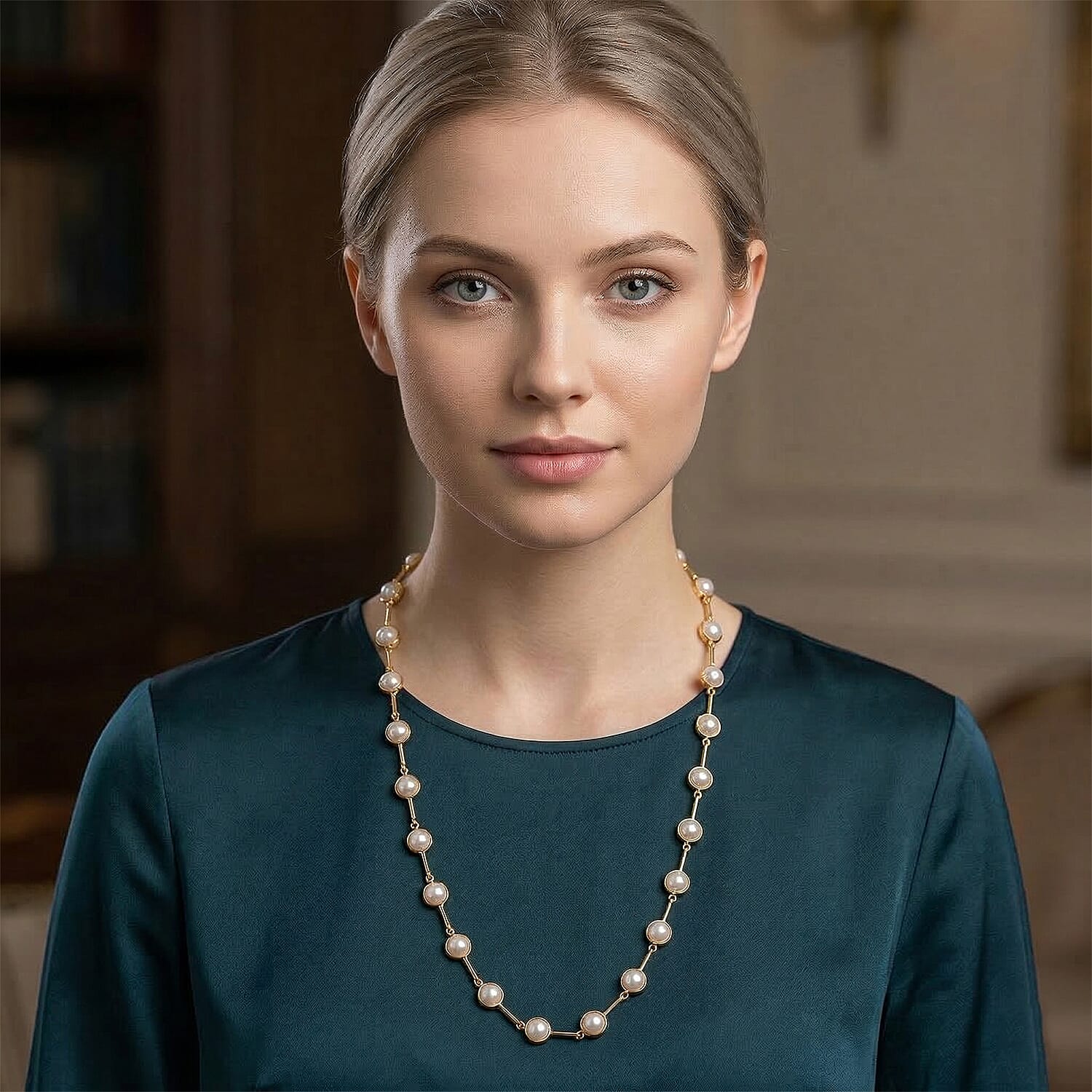 White Shell Pearl Station Necklace in Goldtone (20 Inches)