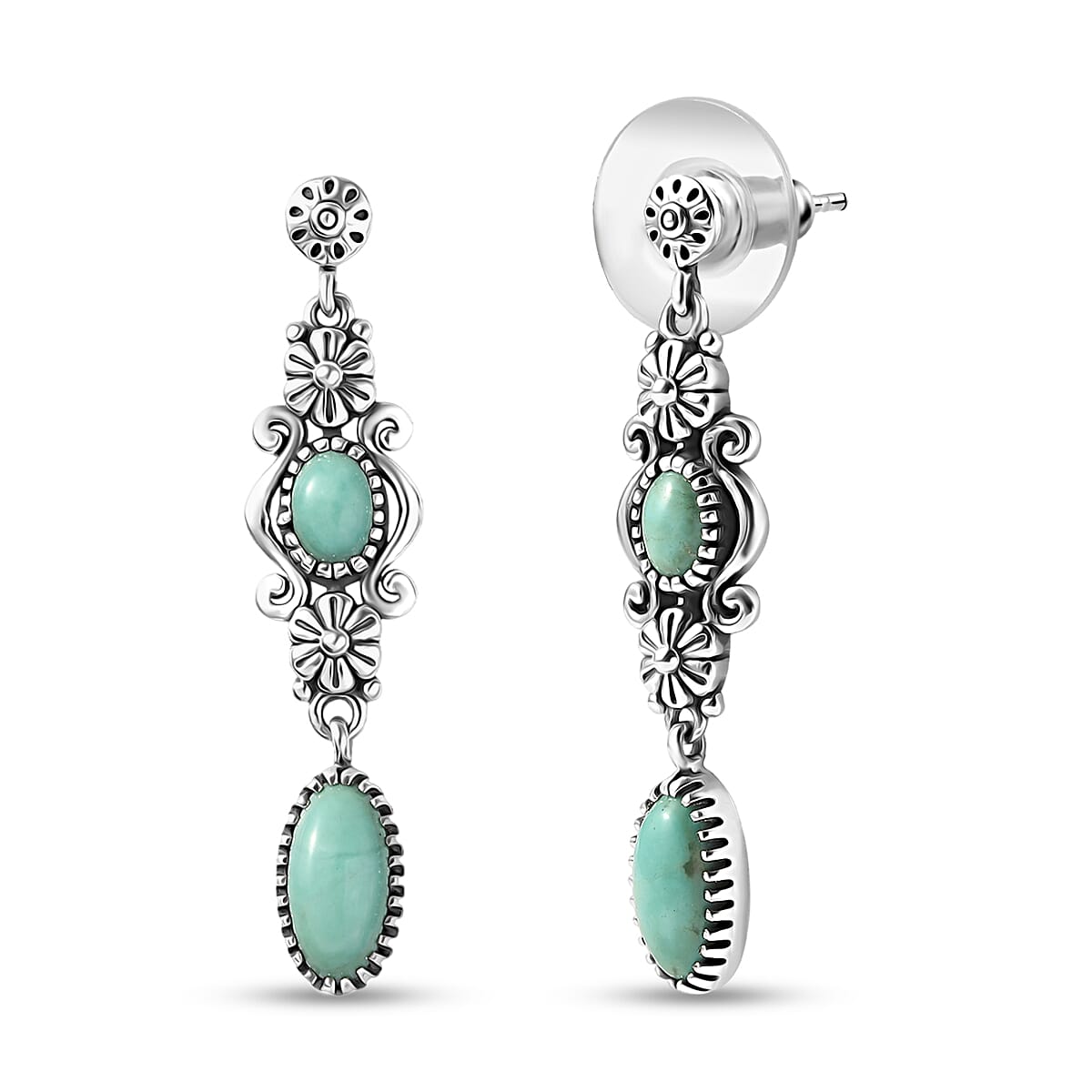 Doorbuster D'Joy Indian Artisan Crafted Premium Tahoe Nevada Turquoise 3.00 ctw Earrings in Black Oxidised Sterling Silver image number 0