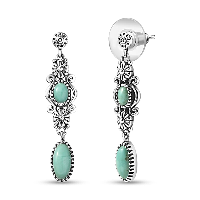 D'Joy Indian Artisan Crafted Tahoe Nevada Turquoise Floral Earrings in Oxidised Sterling Silver 3.00 ctw