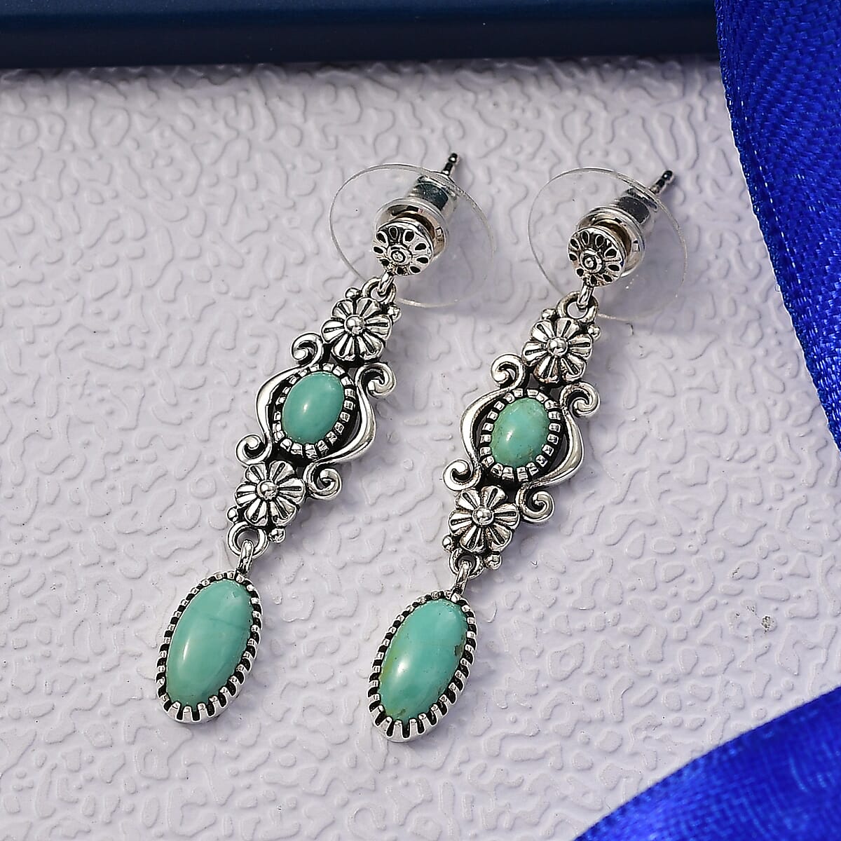 Doorbuster D'Joy Indian Artisan Crafted Premium Tahoe Nevada Turquoise 3.00 ctw Earrings in Black Oxidised Sterling Silver image number 1