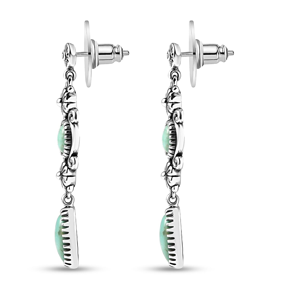 Doorbuster D'Joy Indian Artisan Crafted Premium Tahoe Nevada Turquoise 3.00 ctw Earrings in Black Oxidised Sterling Silver image number 2
