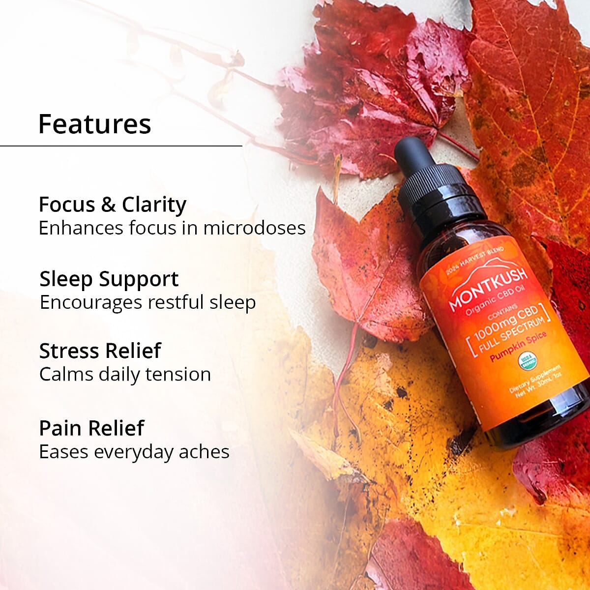 Montkush USDA Organic Seasonal Harvest 1000mg CBD Oil (Pumpkin Spice Limited Edition) 1oz image number 2