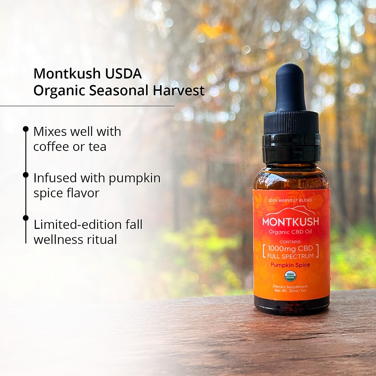 Montkush USDA Organic Seasonal Harvest 1000mg CBD Oil (Pumpkin Spice Limited Edition) 1oz image number 3