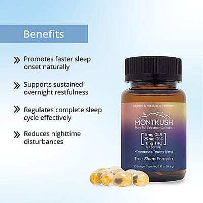 MontKush True Sleep 25mg CBD Formula (30 Soft Gel Capsules) Made in US