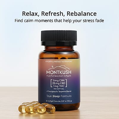 MontKush True Sleep 25mg CBD Formula (30 Soft Gel Capsules) Made in US