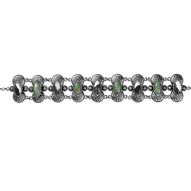 D'Joy Indian Artisan Crafted Premium White Buffalo and Tahoe Nevada Turquoise 9.70 ctw Bracelet in Black Oxidised Sterling Silv (7.25 In)