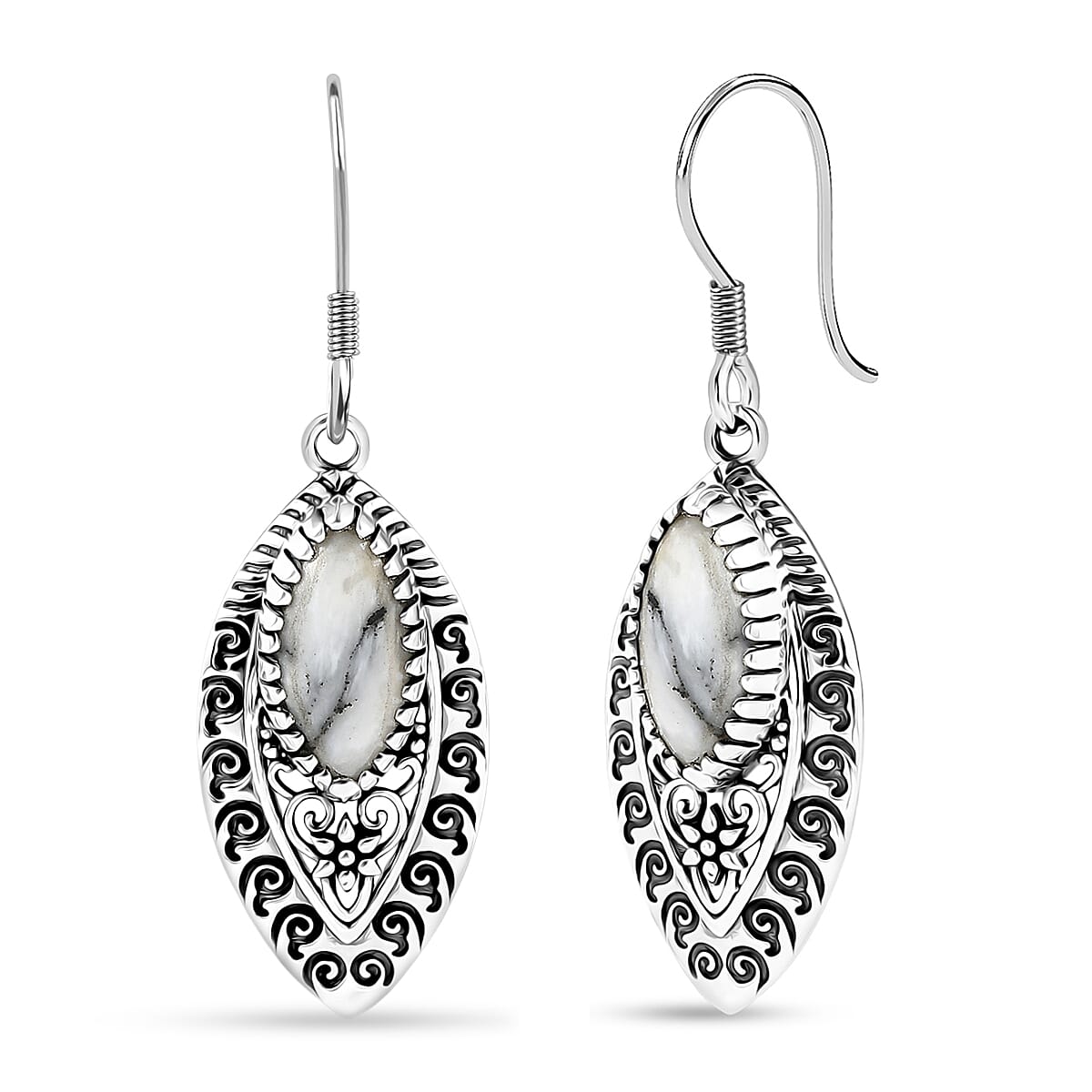 Doorbuster D'Joy Indian Artisan Crafted Premium White Buffalo 6.00 ctw Earrings in Black Oxidised Sterling Silver image number 0