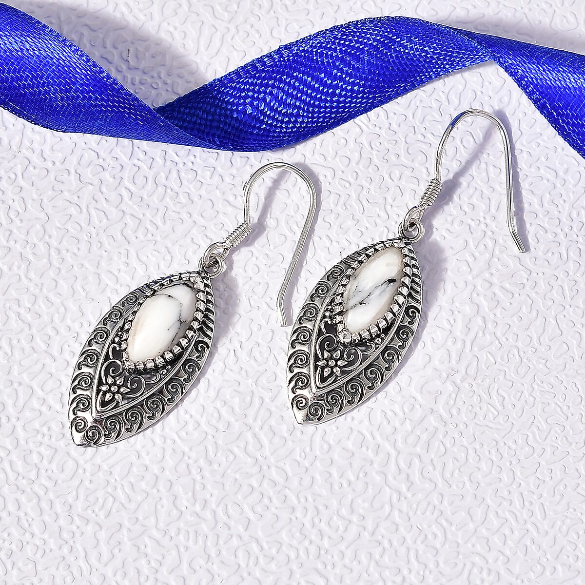 Doorbuster D'Joy Indian Artisan Crafted Premium White Buffalo 6.00 ctw Earrings in Black Oxidised Sterling Silver image number 1