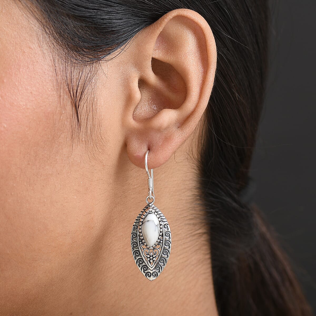 Doorbuster D'Joy Indian Artisan Crafted Premium White Buffalo 6.00 ctw Earrings in Black Oxidised Sterling Silver image number 2