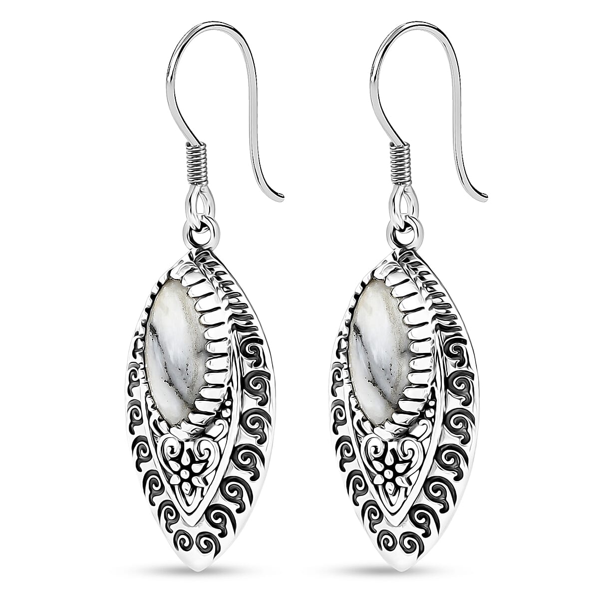D'Joy Indian Artisan Crafted Premium White Buffalo 6.00 ctw Earrings in Black Oxidised Sterling Silver