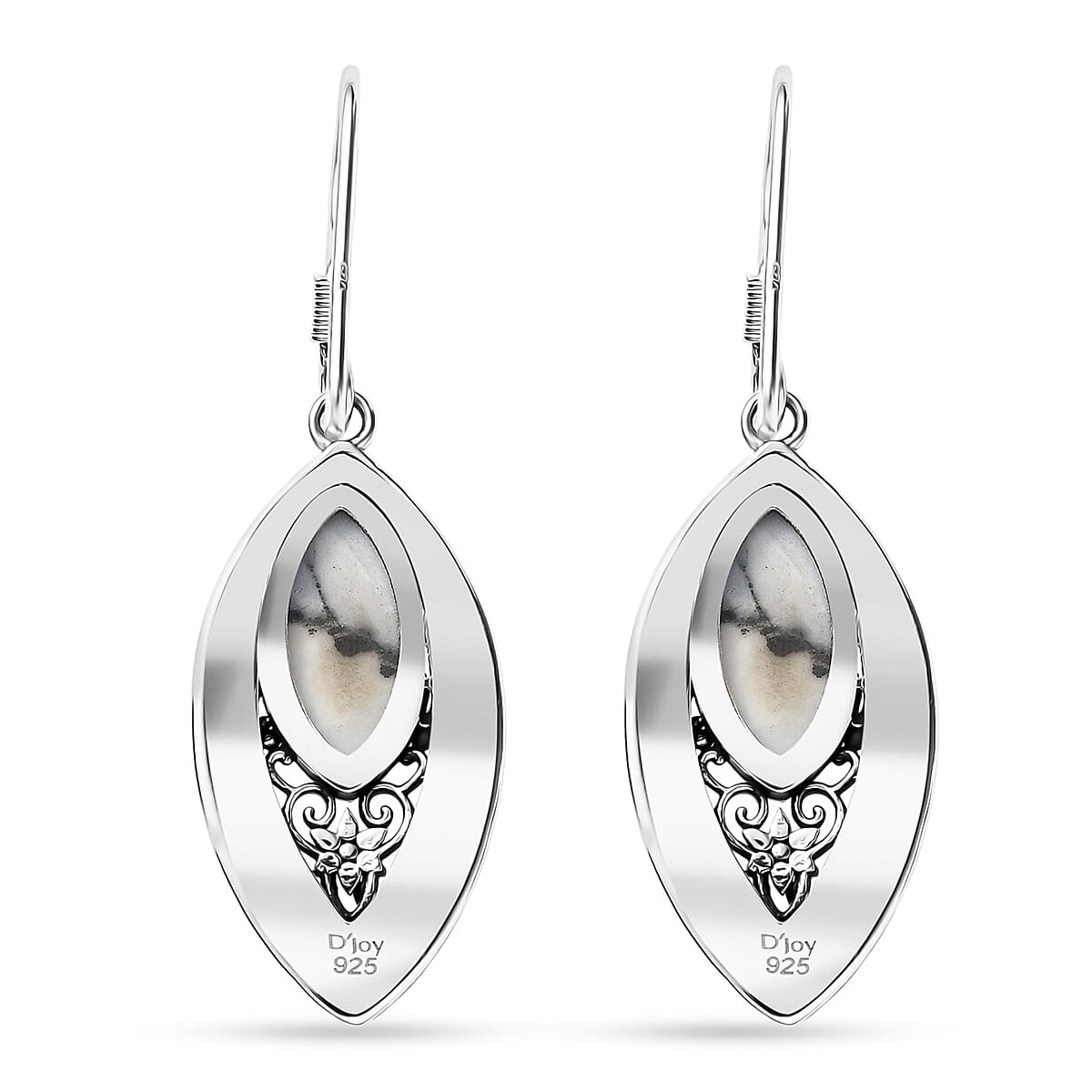 D'Joy Indian Artisan Crafted Premium White Buffalo 6.00 ctw Earrings in Black Oxidised Sterling Silver