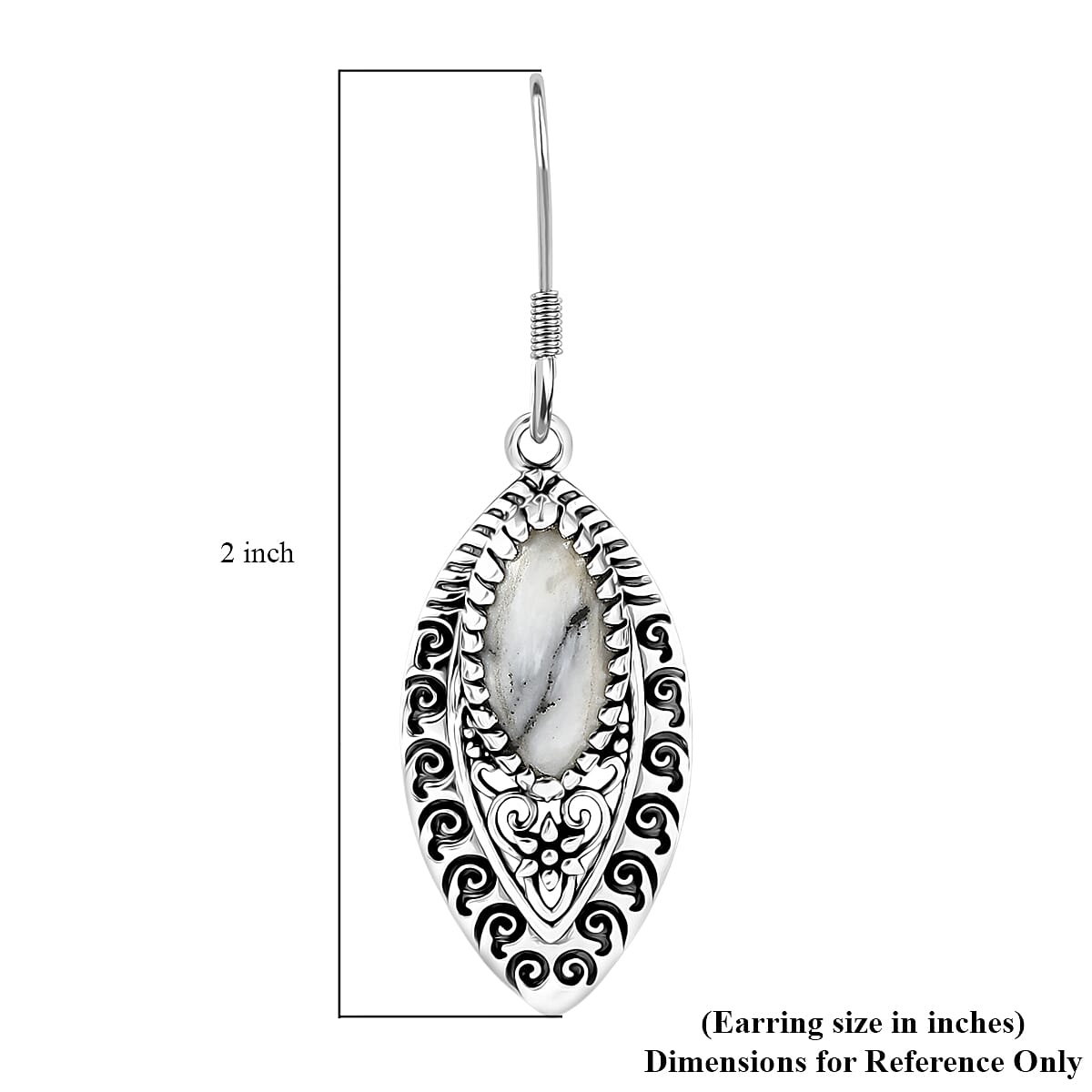 D'Joy Indian Artisan Crafted Premium White Buffalo 6.00 ctw Earrings in Black Oxidised Sterling Silver