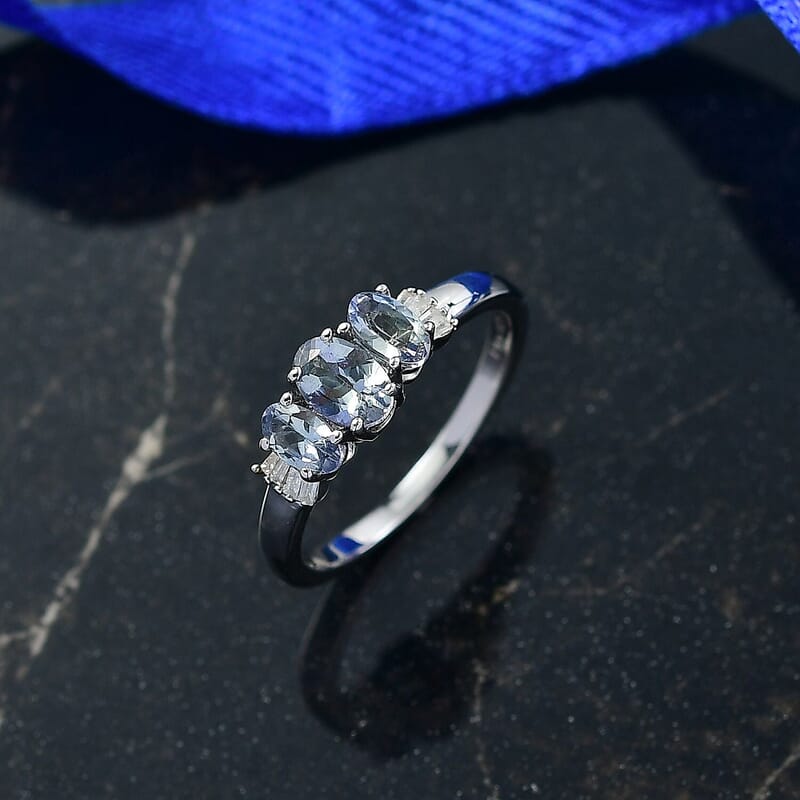 D'Joy Peacock Tanzanite and Diamond 1.10 ctw Ballerina Ring in Rhodium Over Sterling Silver (Size 10.0)